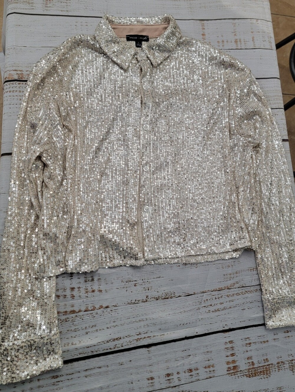 Moa Moa Silver Sequin Button-Down Shirt